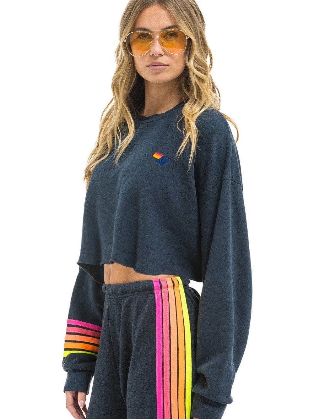 Aviator Nation Rugby Stitch Cropped Crew Sweatshirt – Charcoal // Neon - Picture 3 of 4